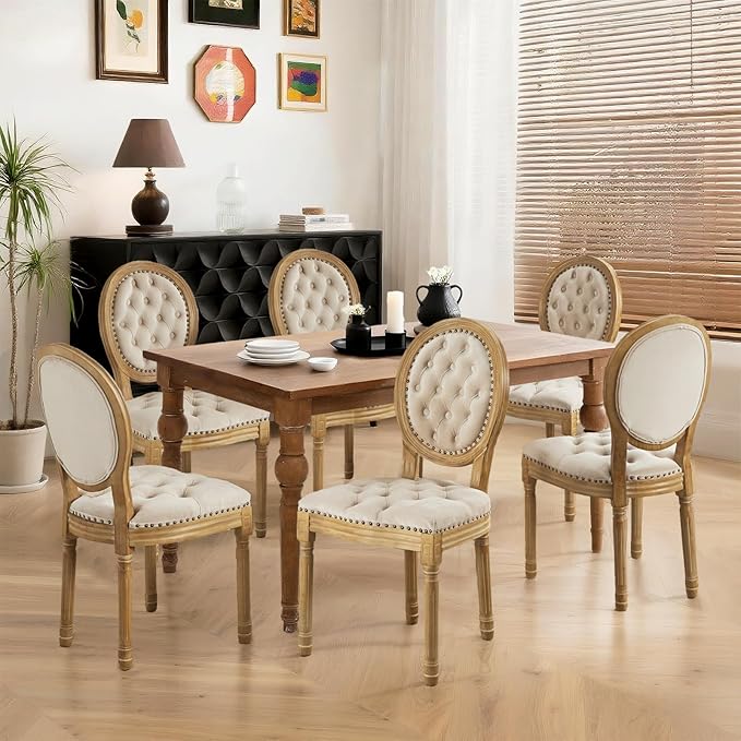 French Country Dining Chairs Set of 6,Farmhouse Upholstered Dining Room Chairs with Tufted Round Back&Solid Leg,Velvet Kitchen Side Chairs for Kitchen/Bedroom/Dining Room,Beige