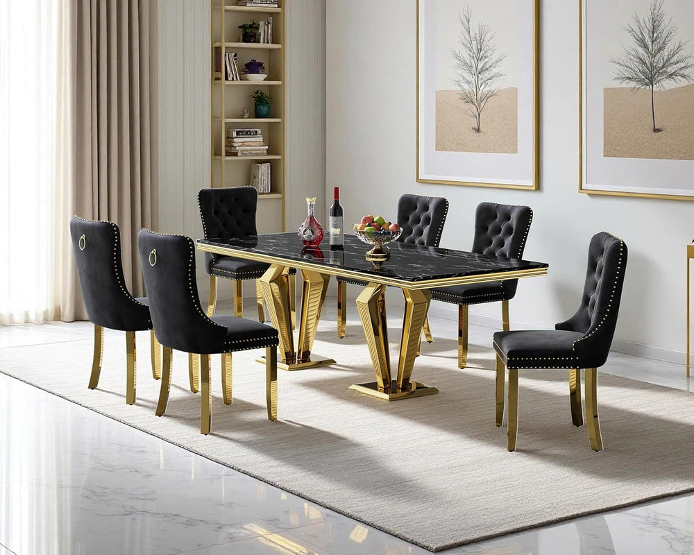 68" Faux Marble Dining Table Set for 6, Black Gold Dining Room Table wit...