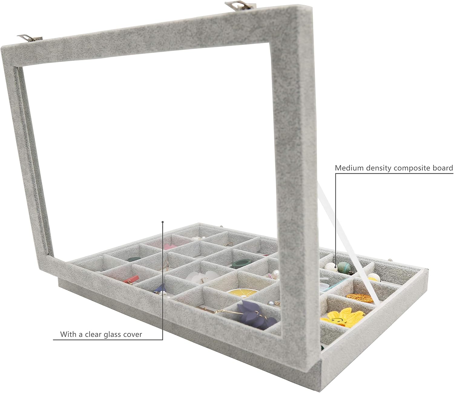 Stratalife Velvet Jewelry Organizer 24 Grid Jewelry Tray with Clear Glass Lid Display Showcase Storage Organizer Box for Earring Necklace Rings Dice Gray (24 Grids)