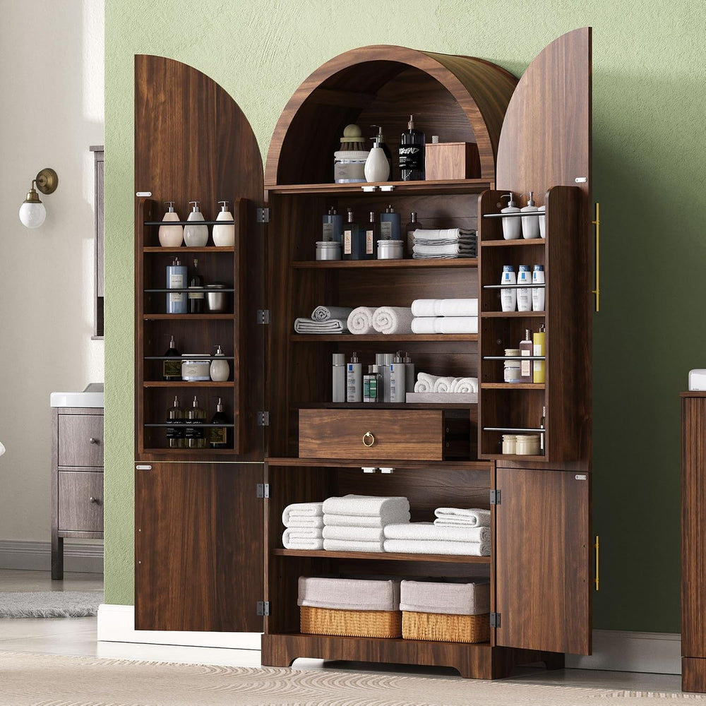 72" Tall Arched Kitchen Pantry Cabinet with 3 Adjustable Shelves, Fluted...