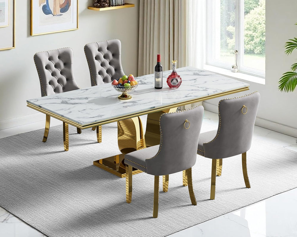 SSLine Modern White Marble Dining Table Set for 4,Luxury 68" Faux Marble...
