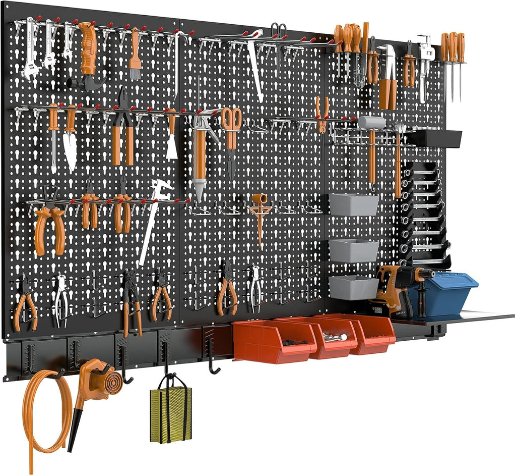 TORACK Metal Pegboard Wall Organizer System for Garage, 109 PCS Pegboard Accessories Tool Organizer Kit with Pegboard Bins, Hooks, Pegboard Tool Storage System for Workbench(Black)