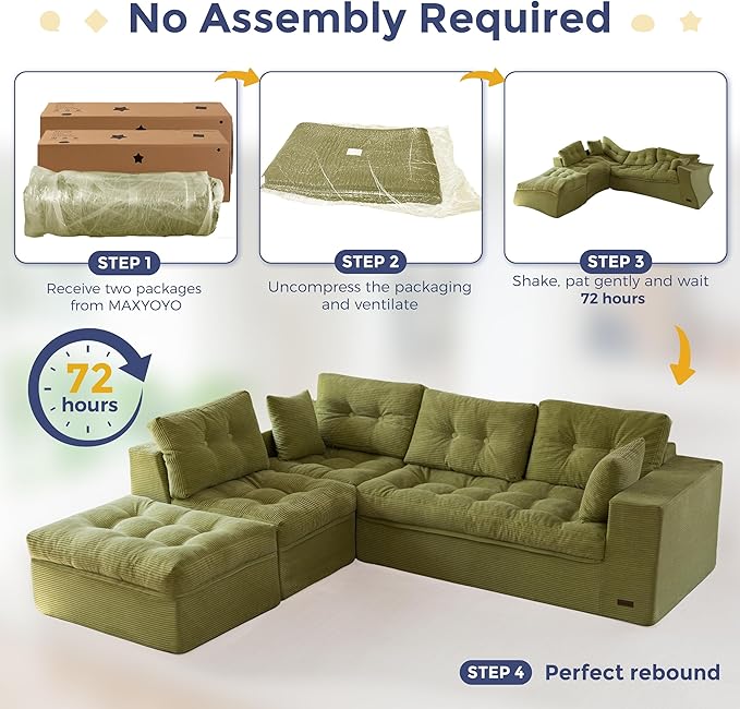 MAXYOYO 132" L Shaped Modular Sectional Sofa with Ottoman, Cloud Boneless Couch with Layered Cushion, Upholstered Sofa in a Box, Flexible Module Combination for Living Room, No Assembly, Green