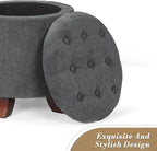 Athena Collection 15 Inch Small Ottoman with Storage, Round Linen Fabric Storage Ottoman Foot Rest with Removable Lid, Multipurpose Footstool Footrest for Living Room, Bedroom, Dorm, Dark Grey