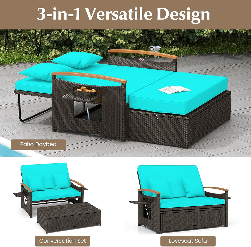 Moccha Outdoor Wicker Daybed, Patio Rattan Loveseat Sofa w/ 4-Level Adjustabl...