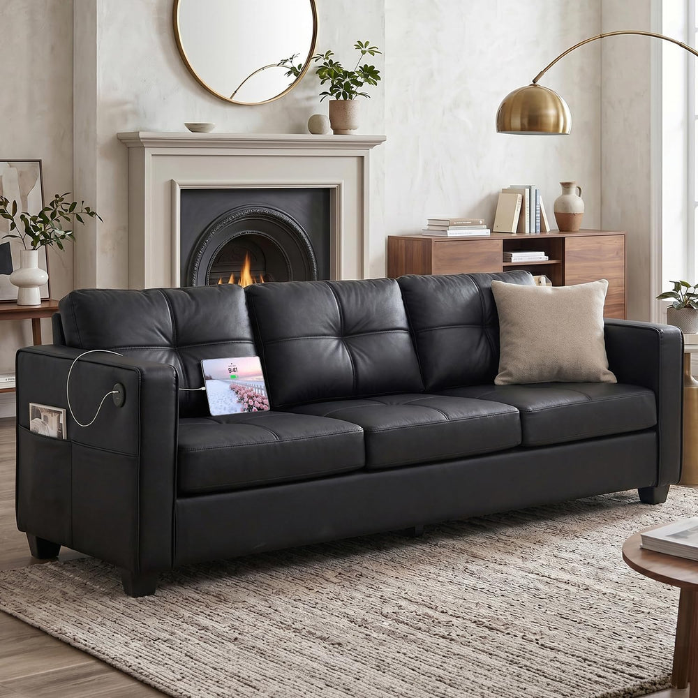TYBOATLE 88'' Black Faux Leather Couch with USB, 3-Seater | Faux Leat...