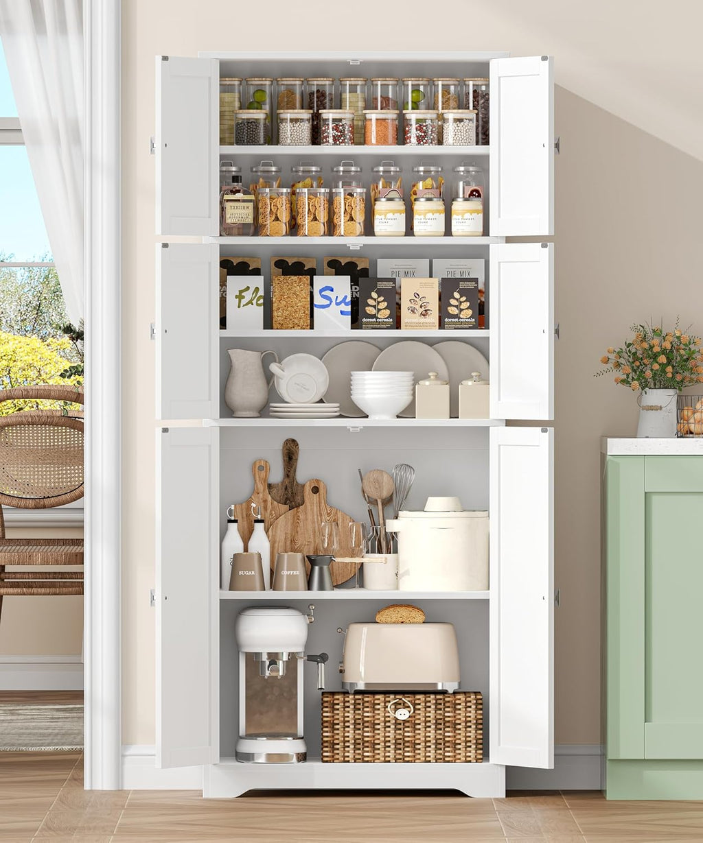 Tall Bathroom Storage Cabinet, 63" H Linen Floor Cabinet | Pantry Storage Cabinet with 6 Doors and Adjustable Shelves, for Bathroom, Living Room, Laundry Room, Kitchen, White