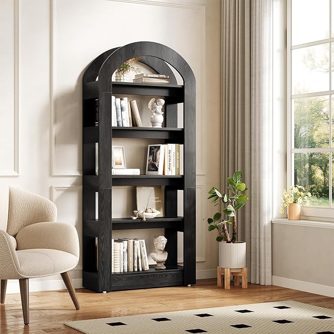 LITTLE TREE 5-Tier Bookshelf, Arch-Shaped Racks, Tall Standing Wooden Bookcase Display Shelf Modern Storage Solution (1, Black)