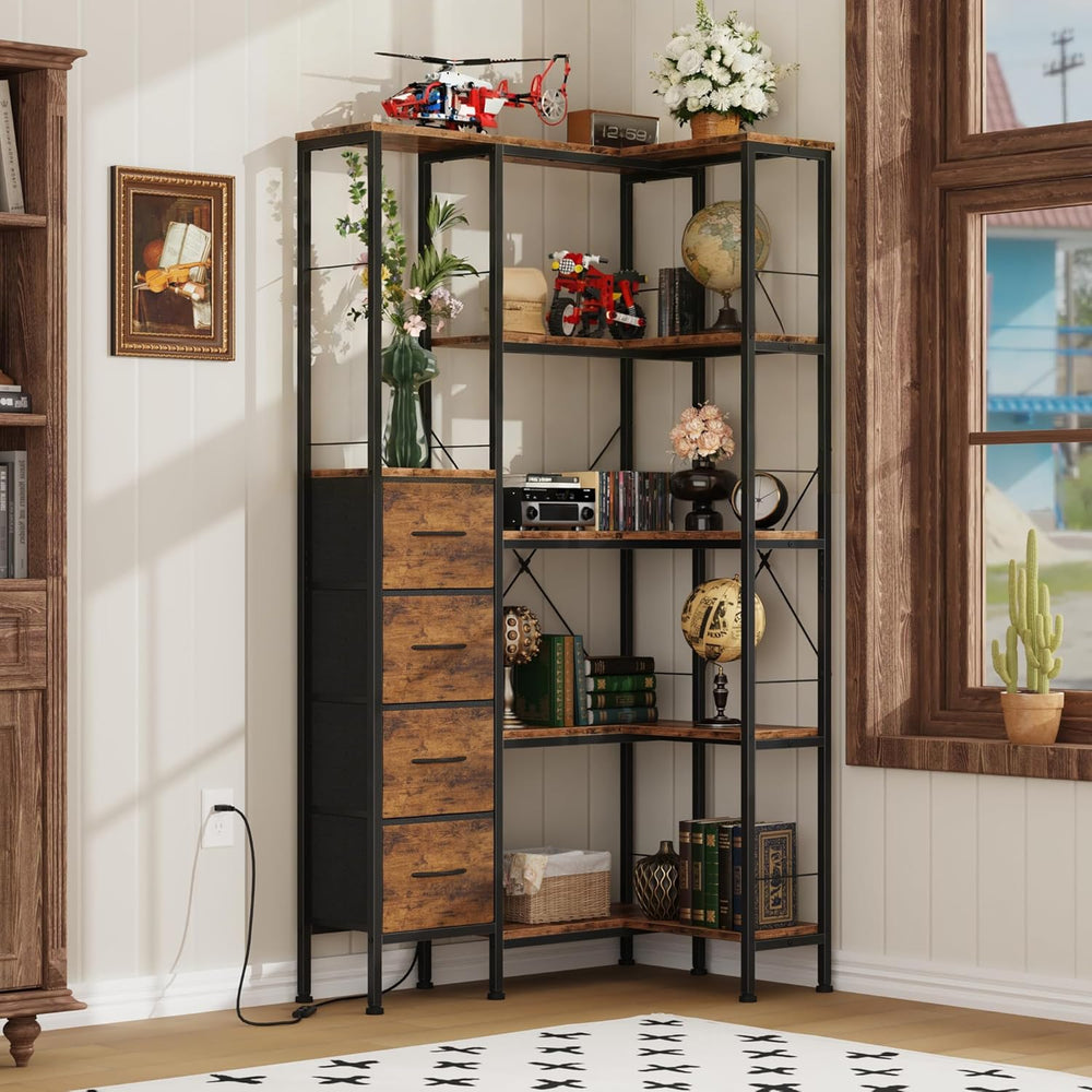 AFLUI 5-Tier Corner Bookshelf with LED Light Strips, 4 Fabric Drawers