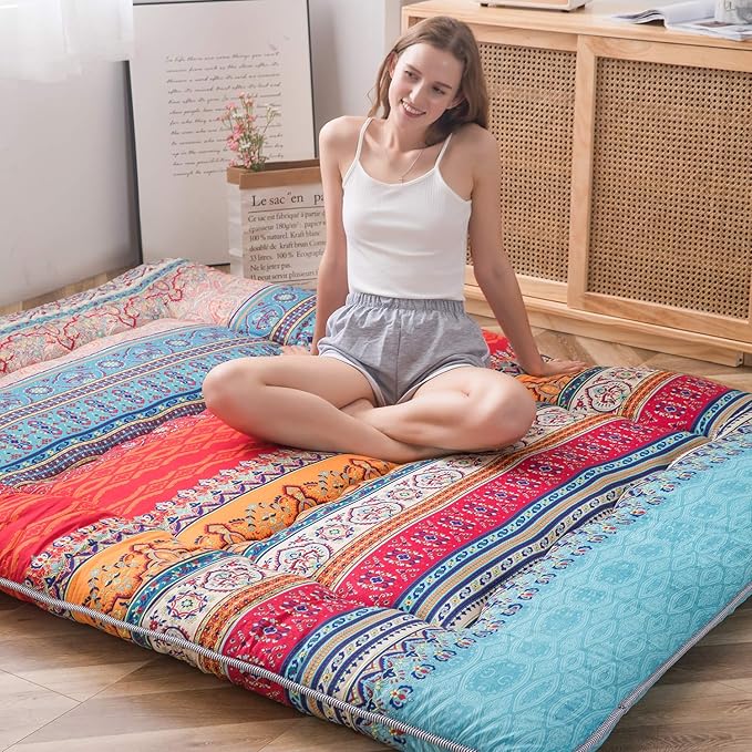 MAXYOYO Japanese Floor Mattress Futon Mattress, 4" Thicken Tatami Mat Sleeping Pad Foldable Roll Up Mat Boys Girls Dormitory Pad Kids Floor Lounger Pillow Bed, Charcoal Grey, Queen Size