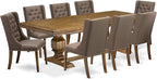 NKFO9-AWA-18-9-Piece Kitchen Set Consists of a Dinner Table and 8 Brown Linen Fabric Kitchen Chairs with Button Tufted Chair Back - Antique Walnut Finish.