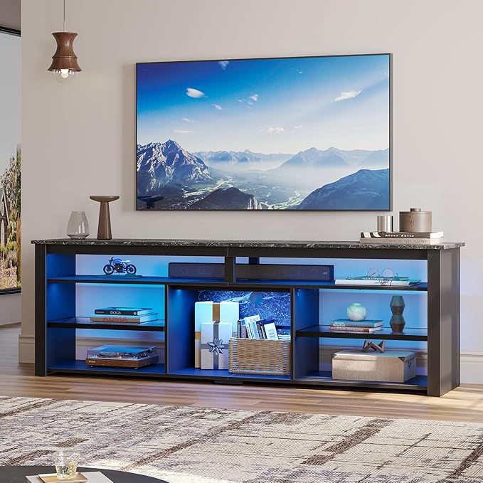 Bestier Tall LED TV Stand for 70/75/80 inch TV, Modern Black Marble Entertainment Center with Storage for PS5, Gaming Console for Living Room & Bedroom