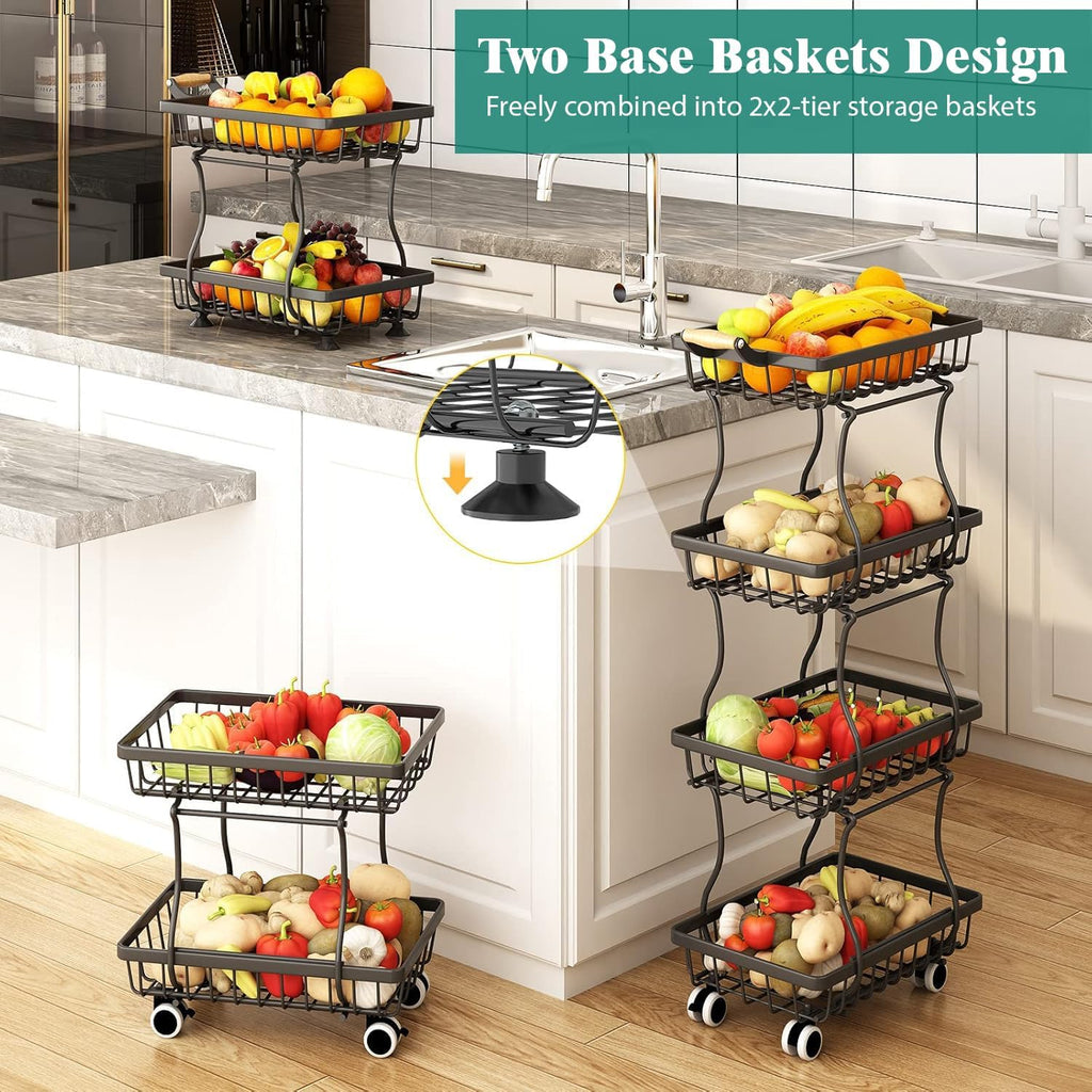 Stackable Fruit Vegetable Basket 4 Tier Kitchen Storage Rolling Cart | metal frame, 9.4“ width for small ppace, easy assembly, veggie rack for potato onion produce apple banana, move smoothly
