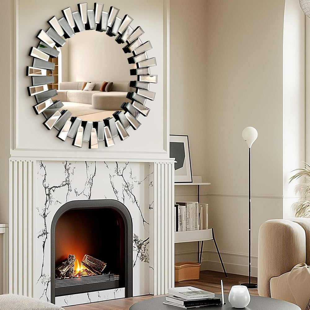 QDSSDECO Round Mirror Sunburst Wall Mirror 24" Beveled Edge Frameless fo...