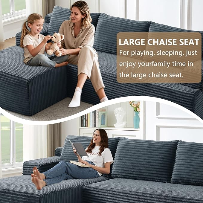 96.1" Modular Sectional Sofa Couches L-Shape Couch 3 Seat Modular Sofa Corduroy Memory Foam Sectional Boneless Couches for Living Room, Cloud Couch with Oversized Chaise(Dark Gray, Left Facing)