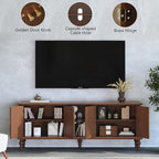 3More 67" Mid Century Modern TV Stand with Window Design,Wood Entertainment Center with Open Shelf,Up to 70" Media TV for Living Room or Bedroom,Walnut