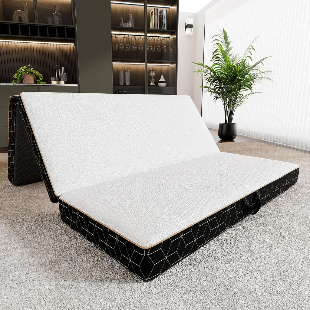 GEMBED Tri Folding Mattress Full Size - 4Inch Foldable Floor Sofa Bed | Memory Foam Tri-fold Handle & Non-Slip Bottom, Portable Foldable Sofa Bed Floor for Travel RV Camping Yoga - 73"x52"x4"