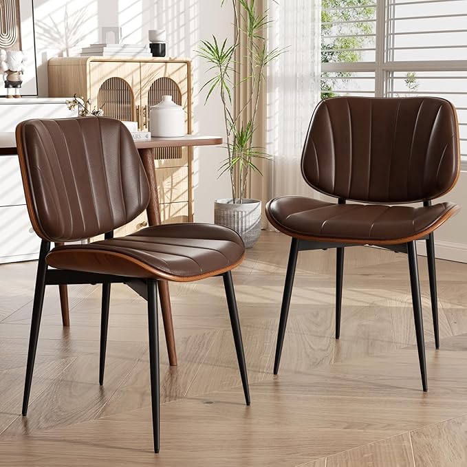 Dining Chairs Set of 2, Mid Century Modern Dining Room Chair, Upholstered Faux Leather Kitchen Chairs with Walnut Bentwood Back and Metal Legs for Kitchen Dining Living Room, Coffee
