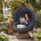 GTPLAYER Outdoor Wicker Egg Chair PE Rattan Chair with Cushion, Oversized Patio Lounge Chair with Canopy Papasan Chair 360° Swivel Base for Outdoor, Indoor, Balcony, Backyard, Garden, Gray