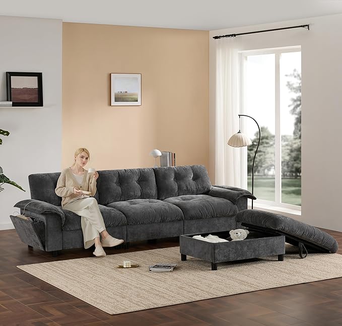 Ball & Cast Modular L Shaped Sectional Sofa W/Movable Storage Ottoman&Dual-Port Charging,4 Seater Chenille Upholstered Couch W/Side Storage Pockets&Cup Holder,for Living Room,Apartment,Dark Gray,104"
