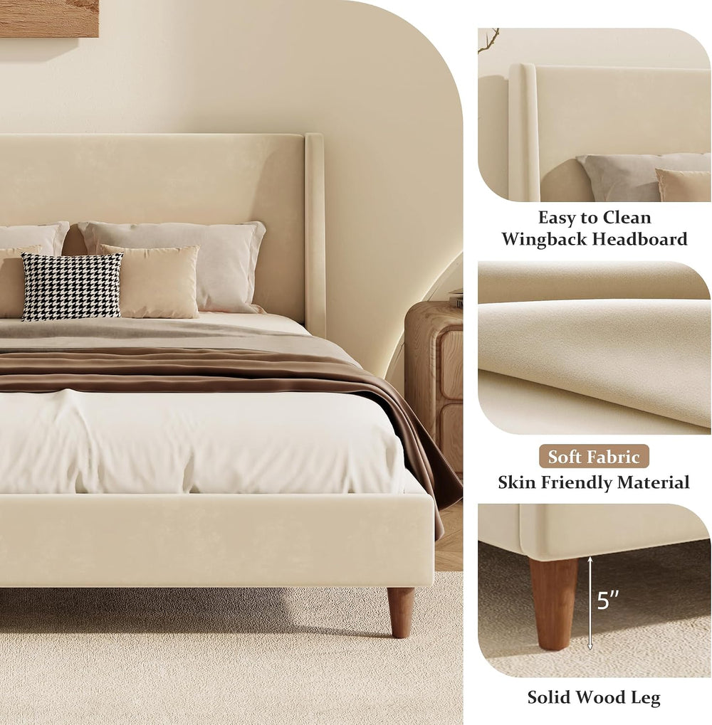 JIJIWANG Queen Velvet Upholstered Platform Bed with Wingback Headboard, Mid-C...