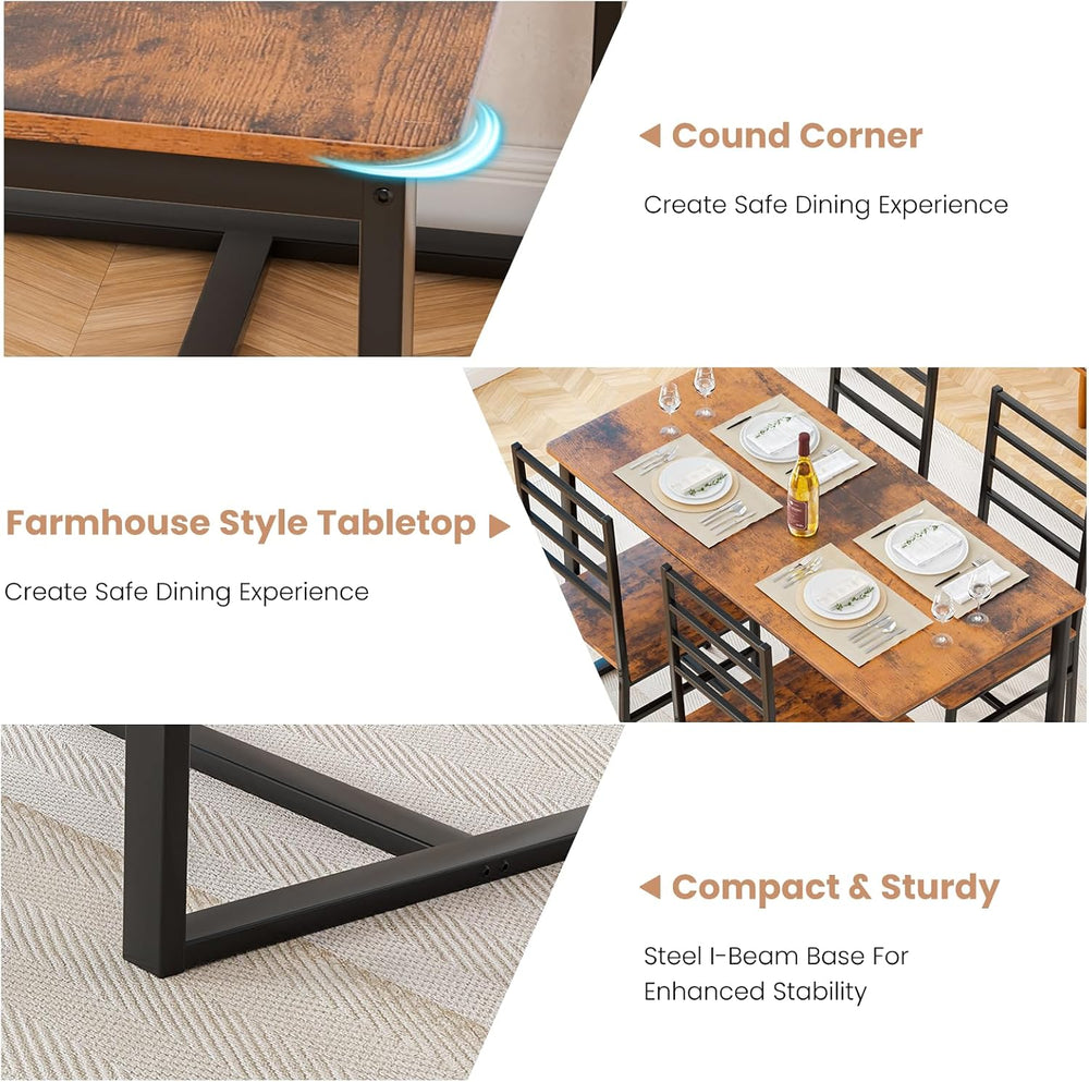 Kitchen Dining Table Set for 4, 5-Piece Kitchen Table and Chairs, Base Reinfo...