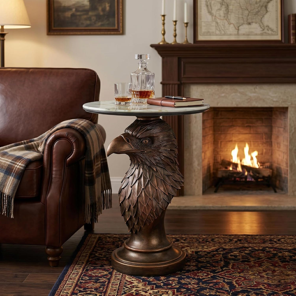Eagle Head Accent Side Table - End Table with Faux Marble Top Unique Eagle St...