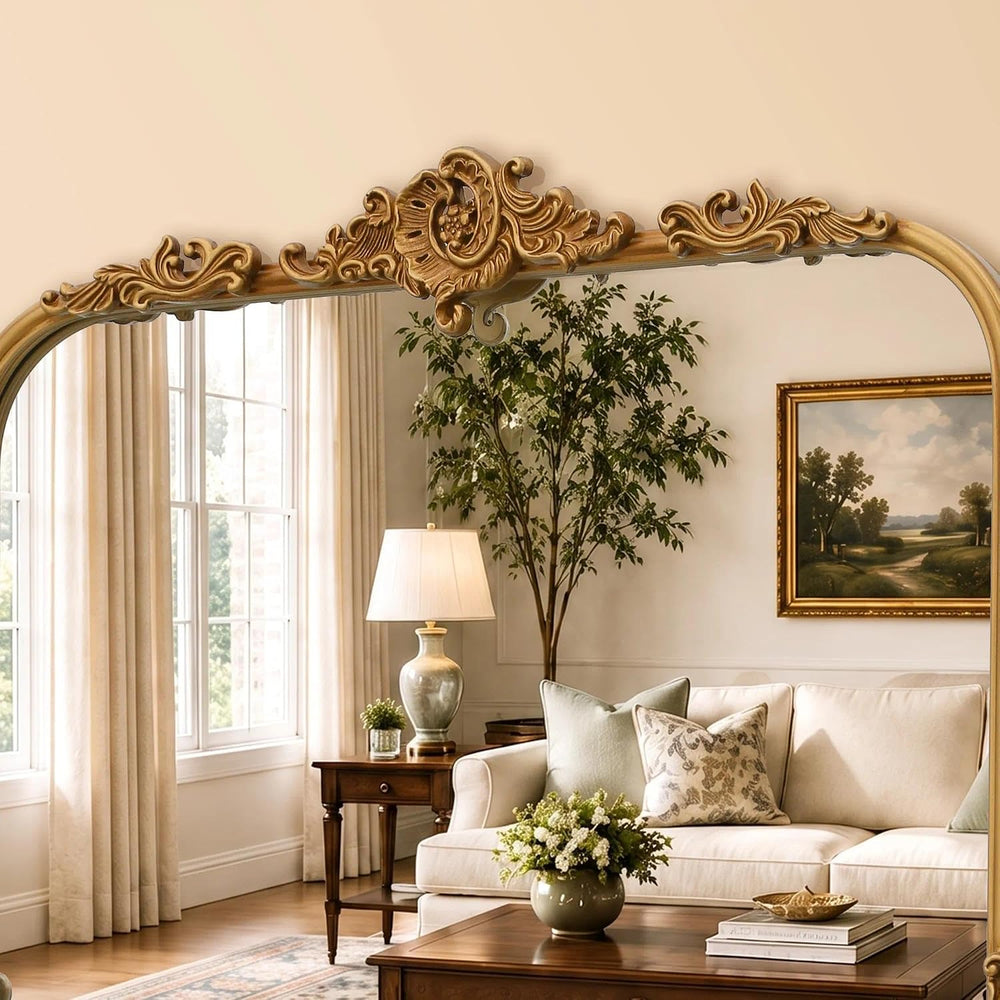 Large Gold Arched Mirror: 48"x33" Baroque Vintage Wall Mirror