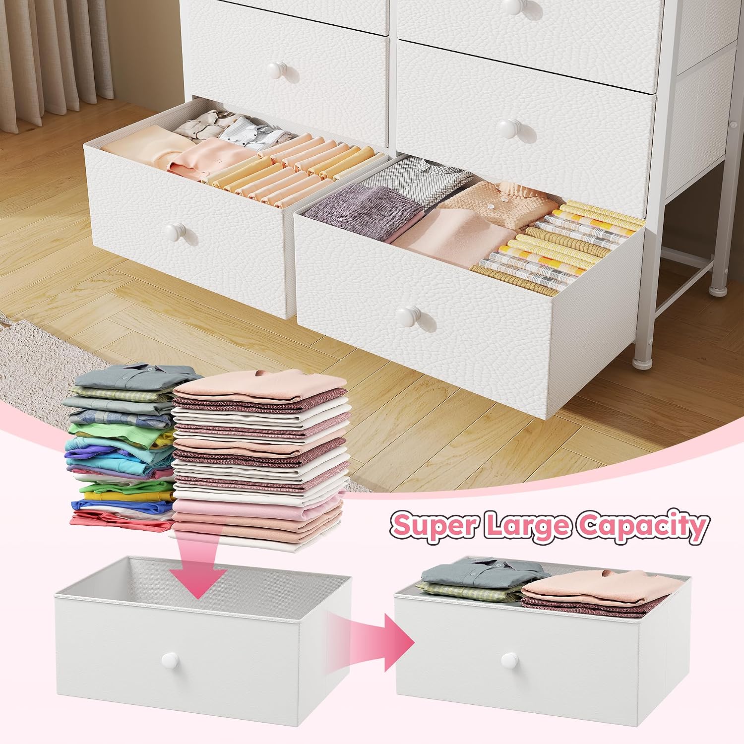 Bepatio Dresser for Bedroom with 12 Drawers, Fabric Dressers & Chest of Drawers with Sturdy Metal Frame, Wood Top, for Woman, 38.9" W x 11.8" D x 40.1" H (White)
