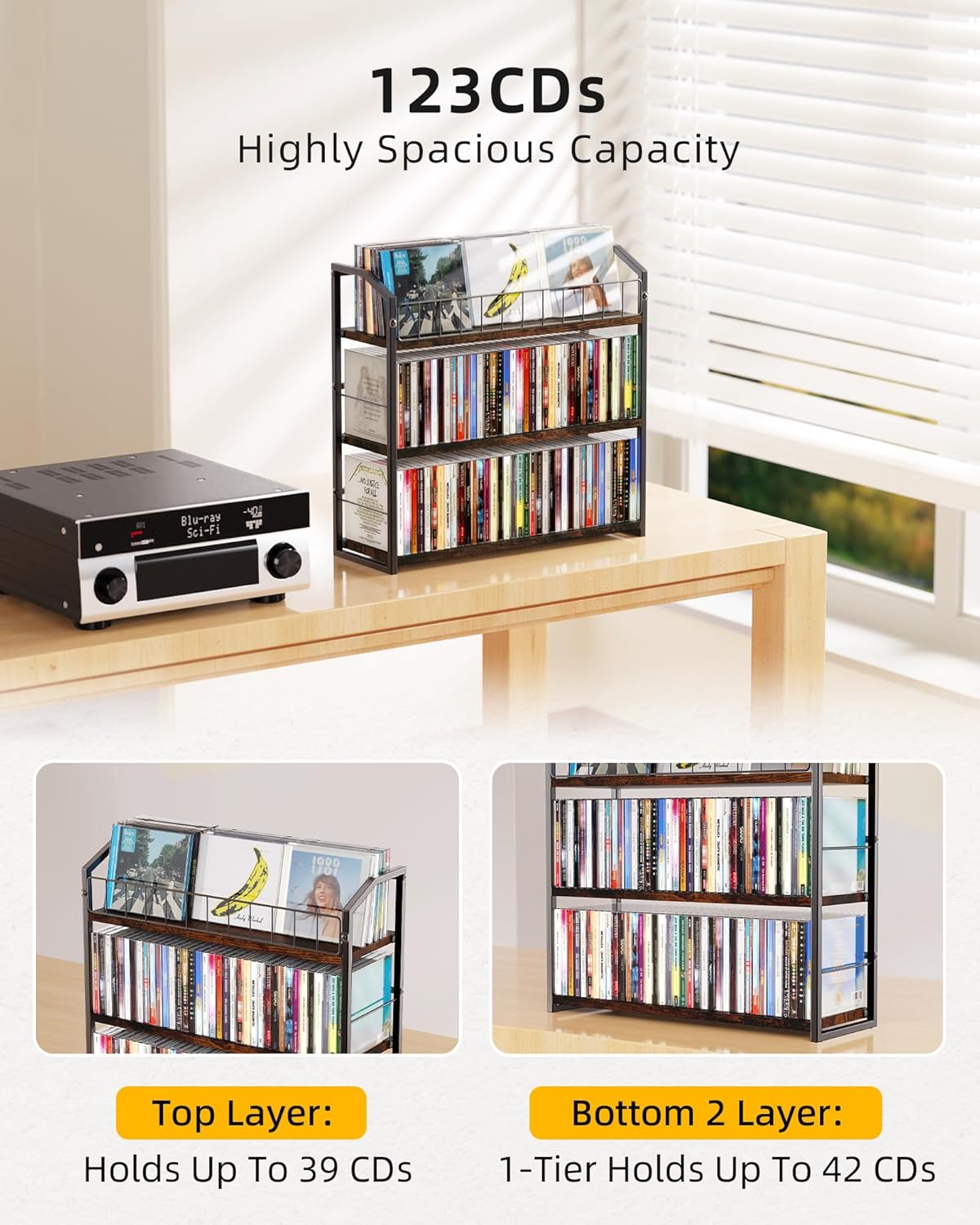 3-Tier CD Holder, CD Storage and Rack for Display, Storage Organizer with Display Top Shelf, Premium Holder Shelf for Home, Office and Kitchen Counter Organizer Rack, Holds 123 CDs