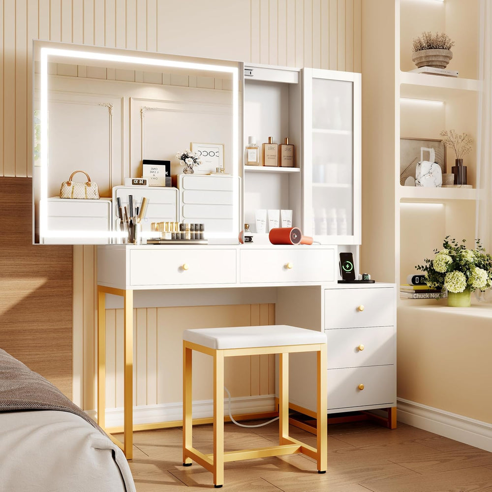 Extra Large Modern Makeup Vanity Table Set with Sliding Lighted Mirror, Charg...