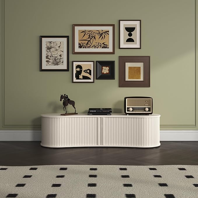 Fluted TV Stand with Storage Cabinet, 59″ Media Console with Sliding Tambour Door, Mid Century Modern Entertainment Center for Living Room, Oval Light Wood TV Stand for Bedroom, Off White