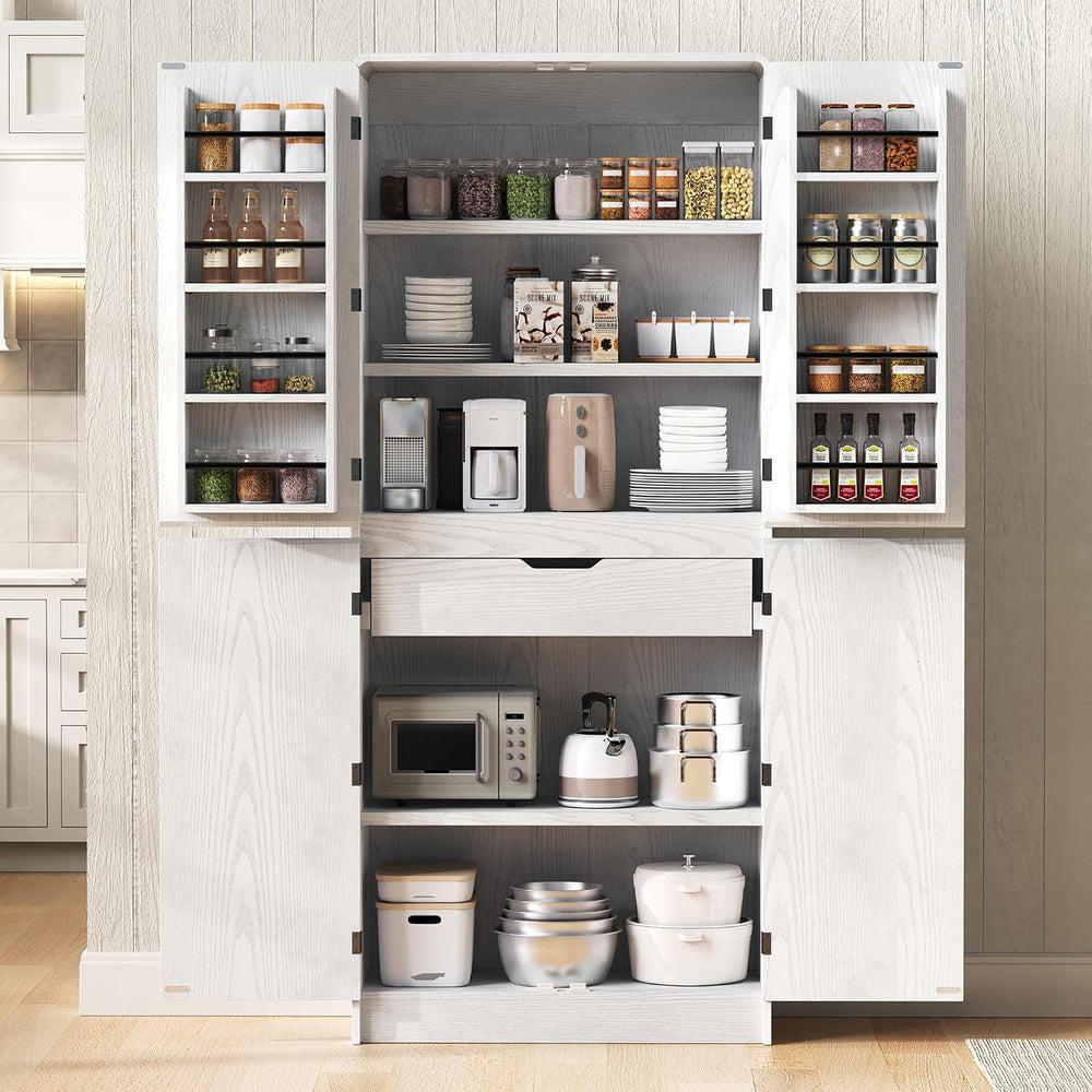LUMISOL Tall Farmhouse Kitchen Pantry Cabinet with 8 Door Shelves, Curved Des...