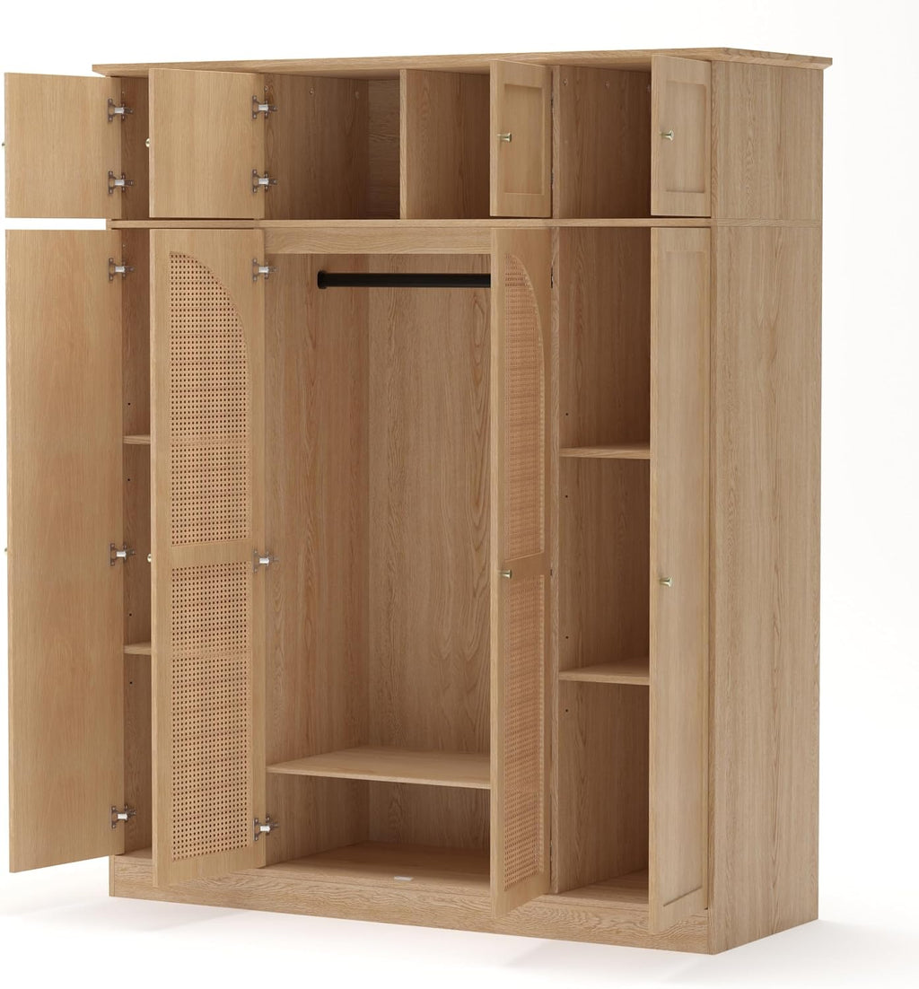 4 Doors Large Armoire Wardrobe Closet with Rattan Doors, 70.87" Tall Freestanding Wooden Closet Wardrobe Cabinet with Hanging Rod and Adjustable Shelves, Clothing Storage Cabinet for Bedroom, Natural