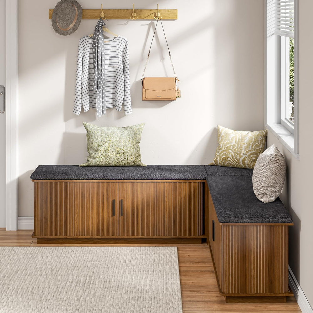 Corner Storage Bench with Hidden Storage, L-Shaped Shoe Bench with Cushion, S...