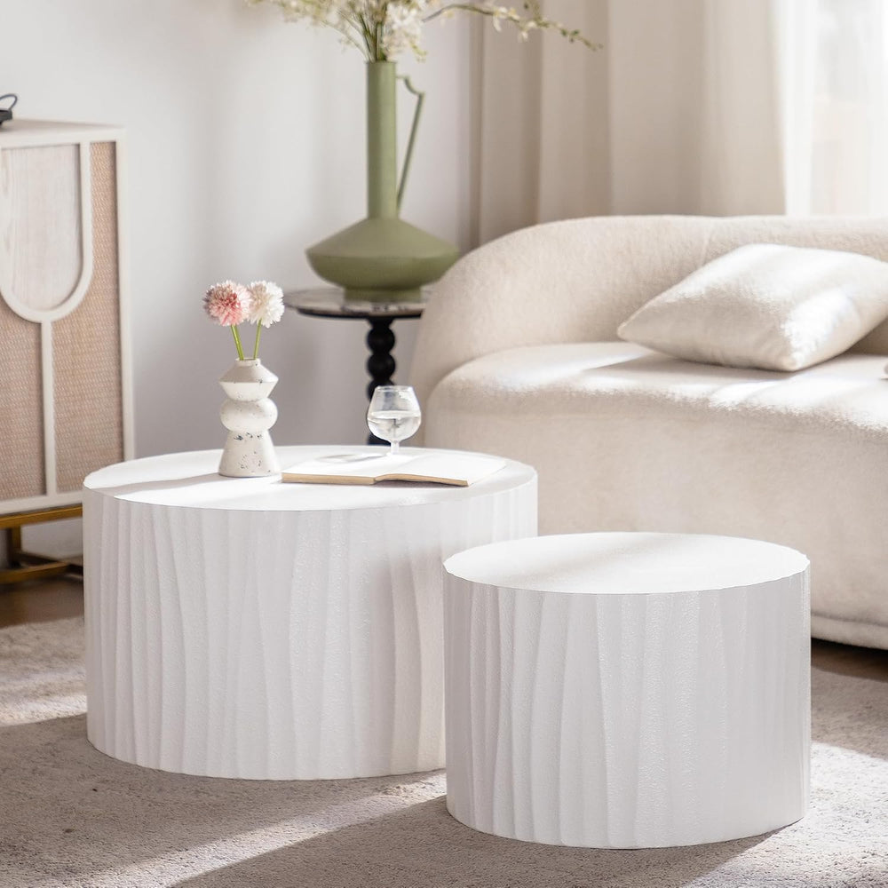 Nesting Coffee Table Set of 2, Modern Round Wooden Drum Side End Coffee Table...