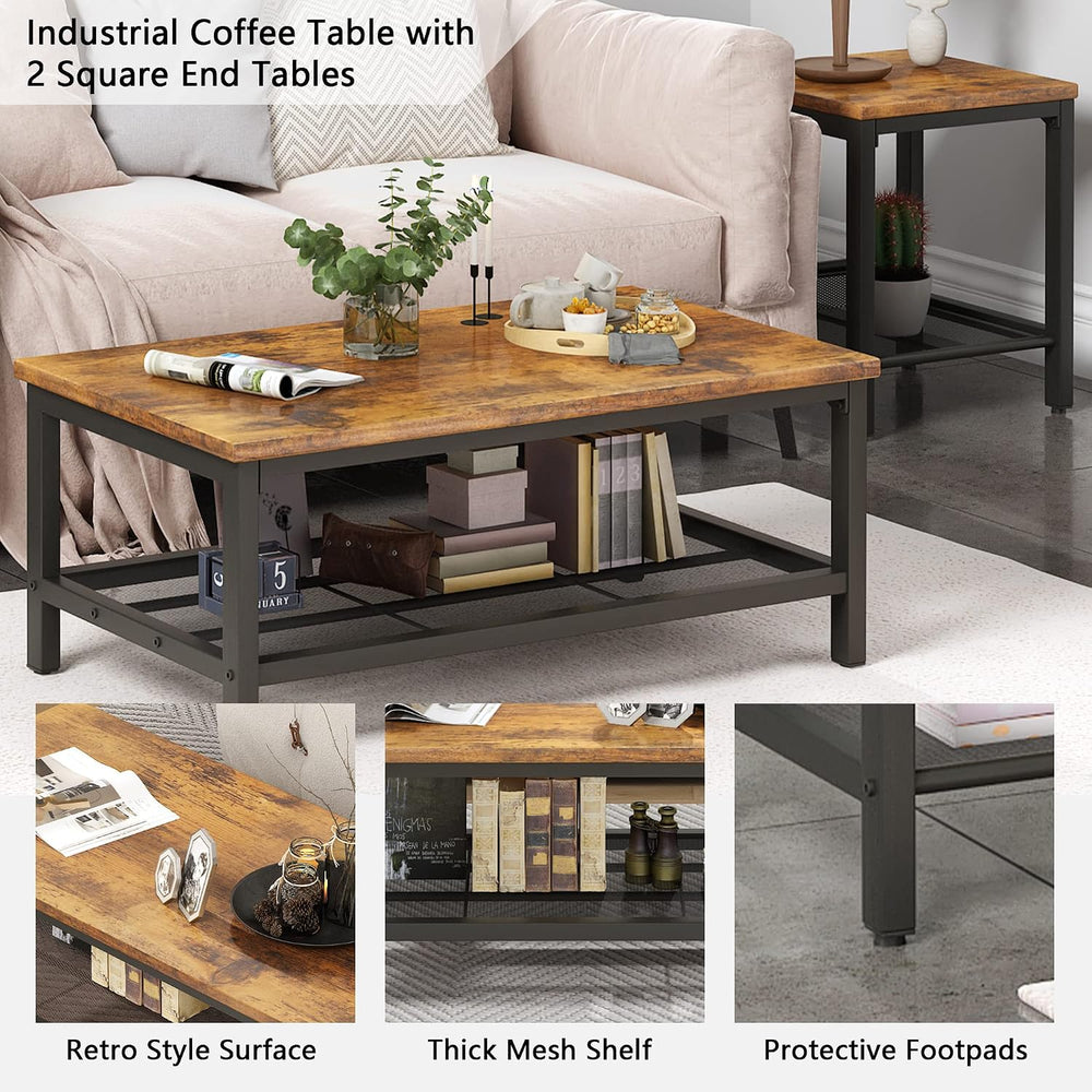Lamerge 3 Pieces Living Room Table Set, Industrial Coffee Table with 2 Square...