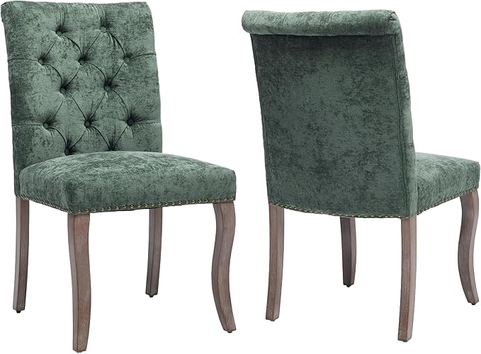 Upholstered Tufted Chenille Dining Side Chairs, Armless Nailhead Trim Chairs with Solid Wood Legs, Modern Farmhouse Chairs for Dining Room, Kitchen & Living Room (Set of 2, Olive Green)