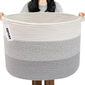 90L Extra Large Blanket Basket,Woven Rope Laundry Basket-Grey | Collapsible, reinforced handles, nursery storage bin organizes clothes, toys and pillows for living room, bedroom bathroom