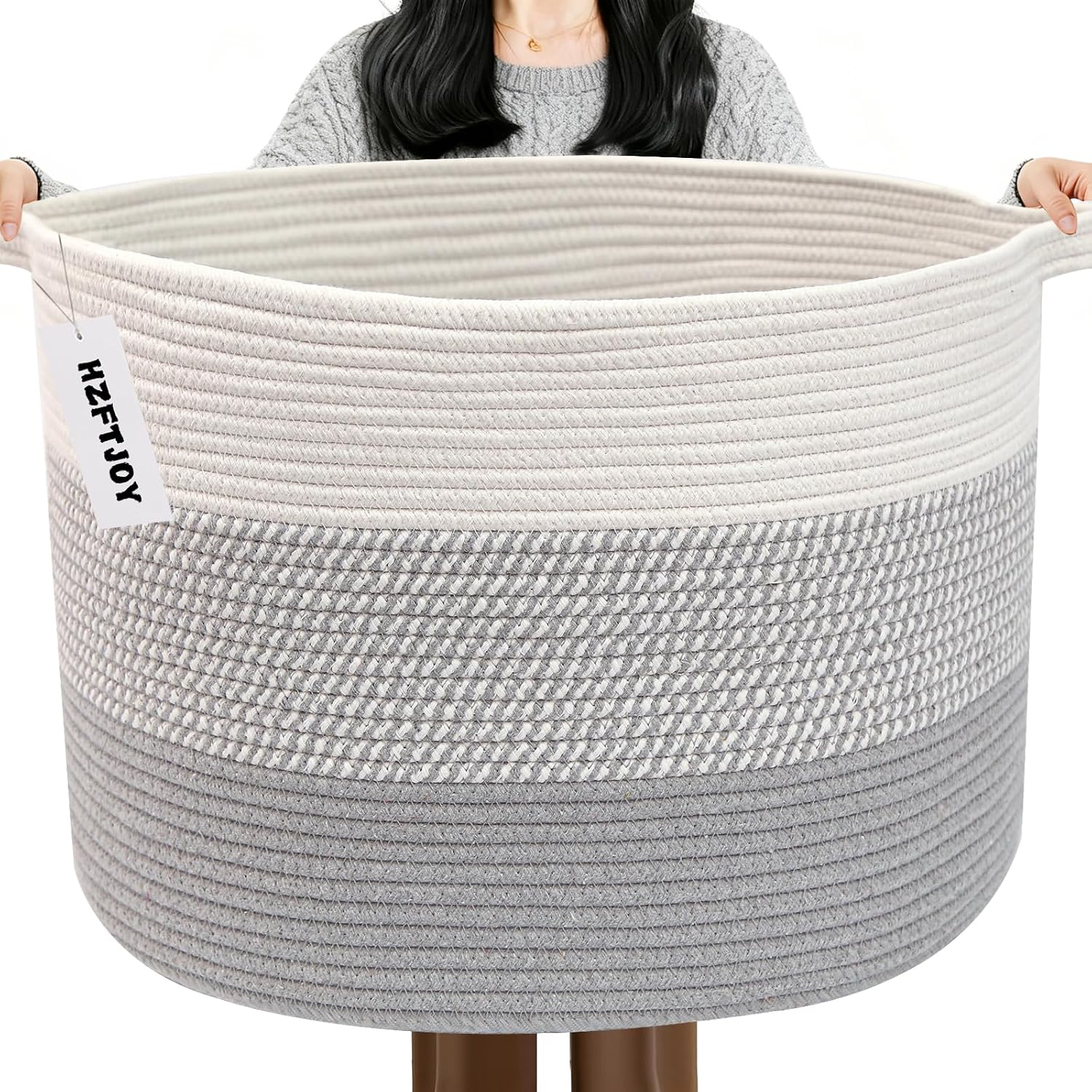 90L Extra Large Blanket Basket,Woven Rope Laundry Basket-Grey | Collapsible, reinforced handles, nursery storage bin organizes clothes, toys and pillows for living room, bedroom bathroom