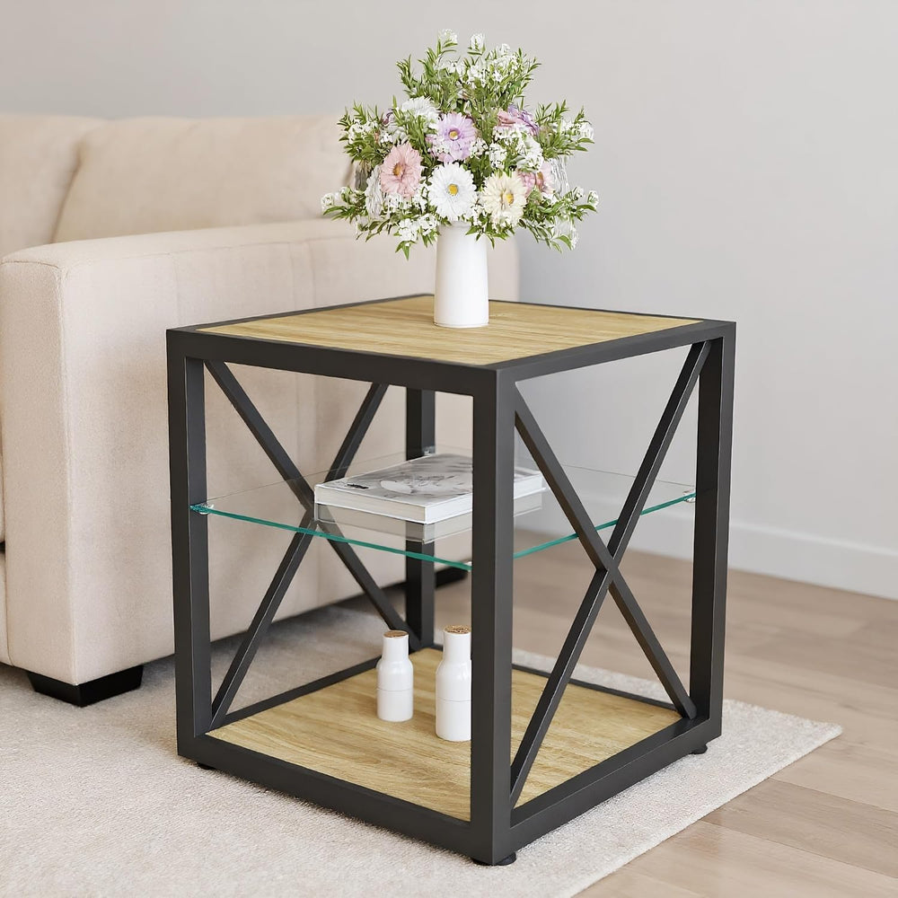 Modern End Table with Tempered Glass Shelf and Natural Wood MDF, Industrial M...