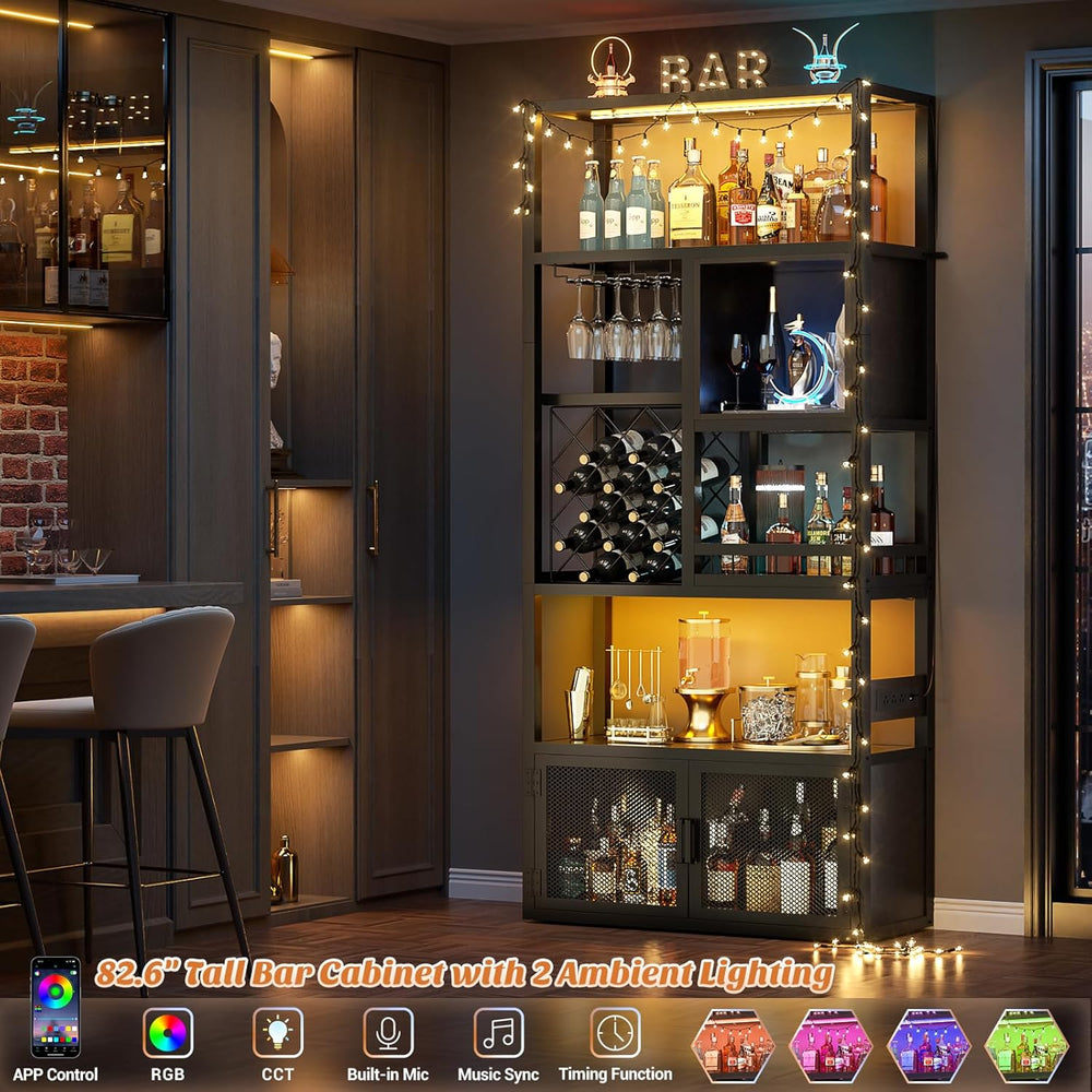 Armocity 82.6" Tall Bar Cabinet with Power Outlets & LED Lights, Liq...