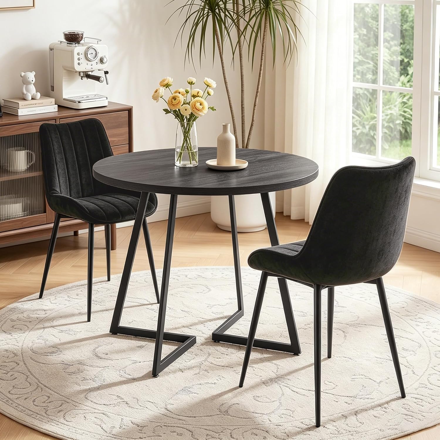 VECELO 3-Piece Dining Table Set, Round Kitchen Table with 2 Velvet Upholstered Chairs, Space Saving Design for Small Apartment & Home Office, Easy Assembly, Grey & Black