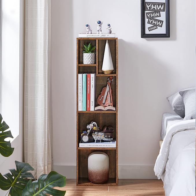 VECELO Small Bookshelf, 5 Cube Slim Bookcase, Fits Tallest Hardcovers, Horizontal Available, Modern Floor Standing Unit, Each Shelf Hold Up to 66 LBS, Vintage Brown