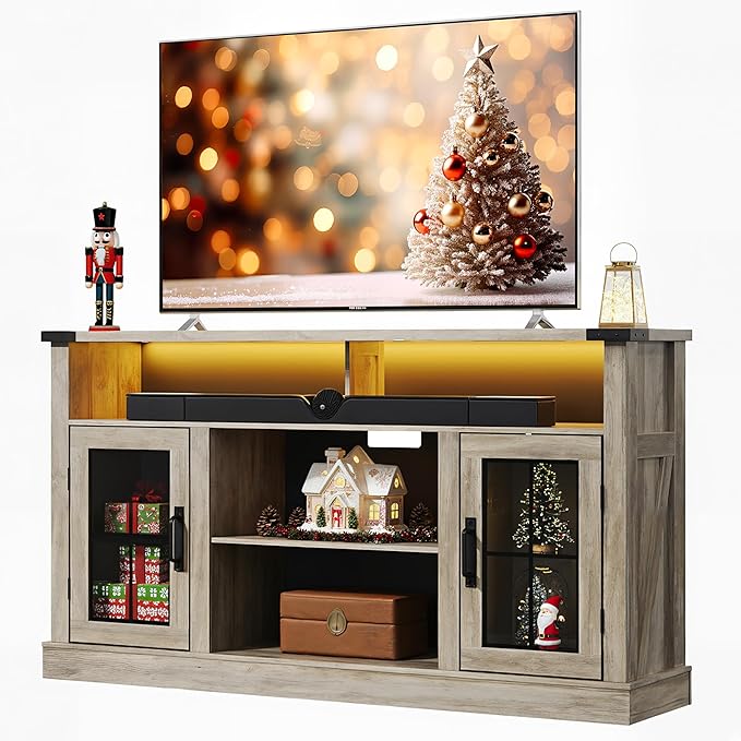 WLIVE Farmhouse TV Stand for 65 Inch TV, Tall Entertainment Center with LED Lights & Storage Cabinets, TV Media Console Table with Adjustable Shelf for Living Room, Bedroom, Home Theater, Gray Oak