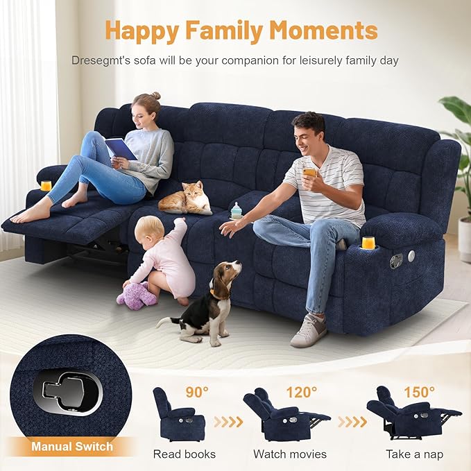 Recliner Sofa Set with Storage Console, Flip Middle Backrest Design 3 Seater Reclining Sofa and Single Recliner Chair, Manual Couches for Living Room (Blue, 3 Seat+Console+1)