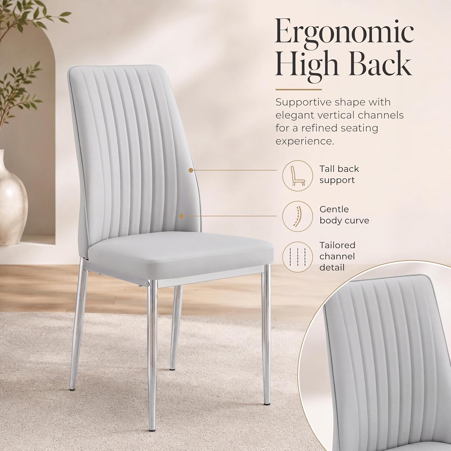 Gray Dining Chairs Set of 6, Modern PU Leather Dining Room Chair with Chrome Metal Legs, Upholstered Kitchen Chair with High Back Sillas para Comedor for Kitchen, Living Room, Apartment (Light Gray,6)