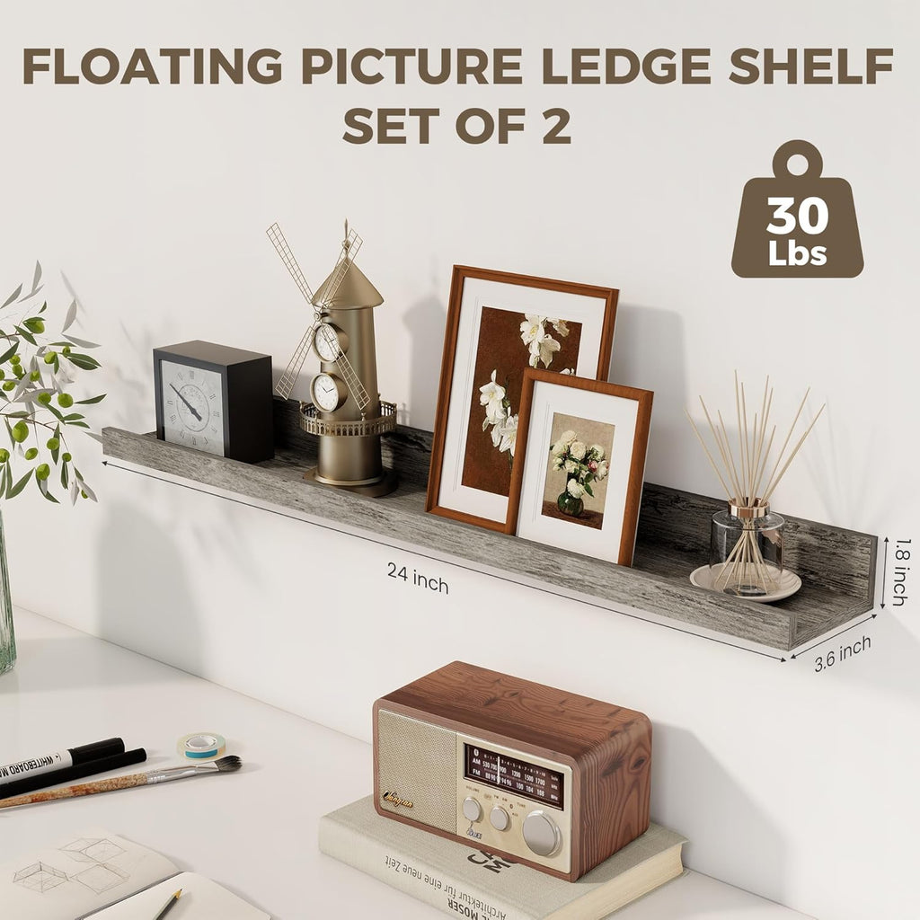 Axeman Floating Shelves for Wall - 24 Inch Picture Ledge Shelf Set of 2 - Rustic Picture Shelf for Wall with Ledge - Grey Floating Shelves with Lip - Photo Ledge Shelves for Pictures Nursery Books