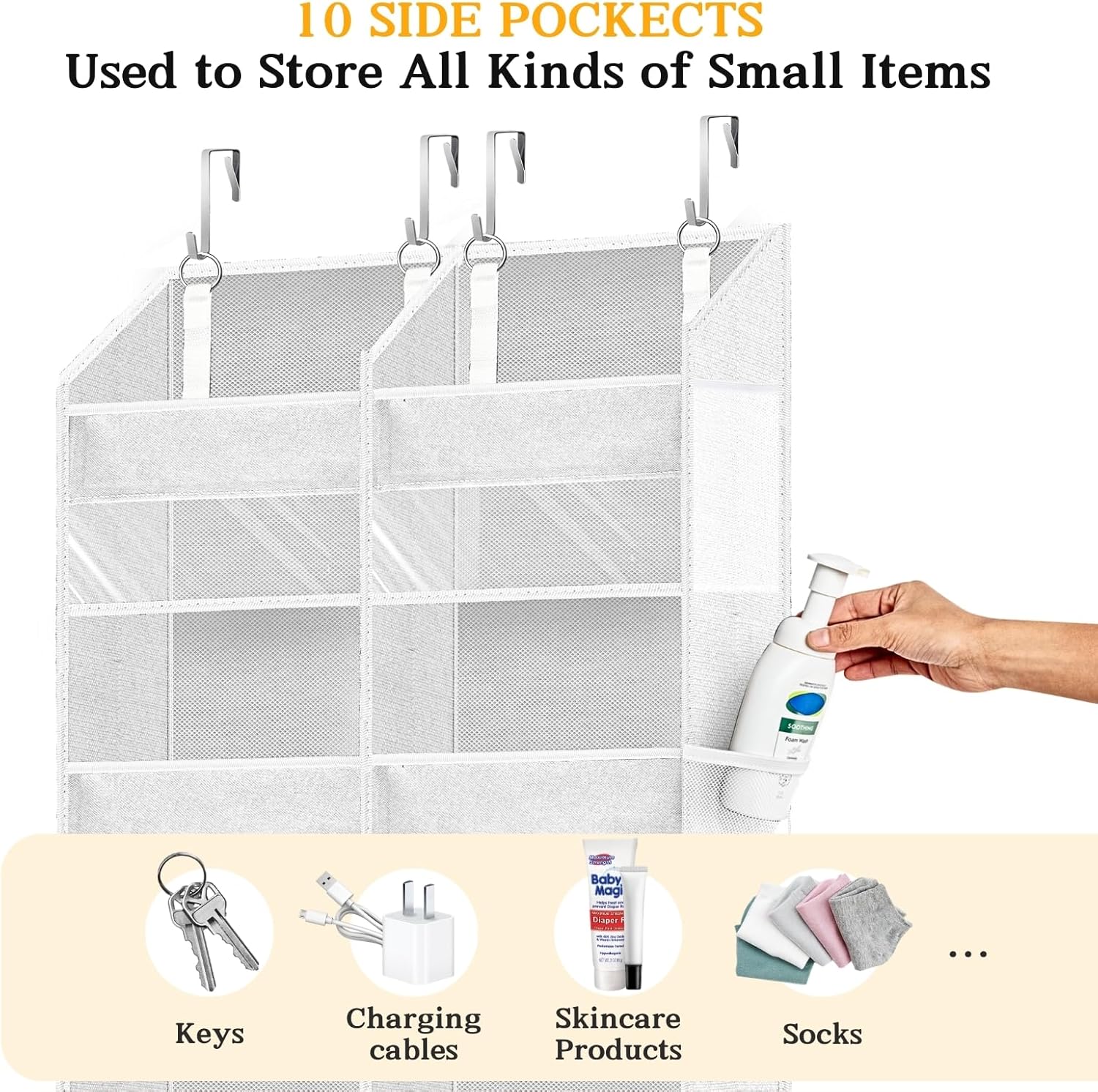 Over The Door Organizer 5 Tiers, Extra Large Behind Door Storage of 10 Compartments, 80 lbs Weight Capacity Hanging Storage Organizer with Clear Window Kids Toys, Shoes,Diapers, Room Storage, White