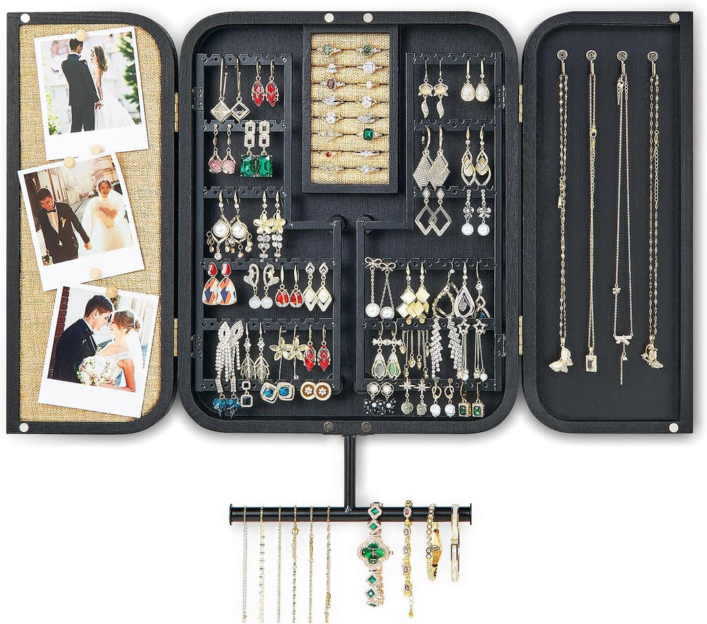 Pinzoveco Hanging Jewelry Organizer, Wall Mounted Jewelry Organizer for Earring Holder Organizer, Jewelry Cabinet Holder Jewelry Storage Box for Earrings, Necklaces, Bracelets, Ring Holder (Black)